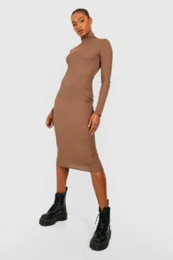 Vestito Midi A Collo Alto Tall A Maniche Lunghe A Coste -Negozio al dettaglio Vestiti gzz47282 chocolate xl 2