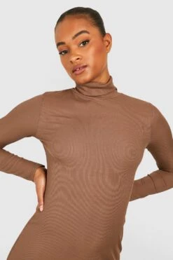 Vestito Midi A Collo Alto Tall A Maniche Lunghe A Coste -Negozio al dettaglio Vestiti gzz47282 chocolate xl 3