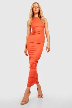 Vestito Longuette Tall A Coste Con Scollo A Vogatore E Ruches Laterali