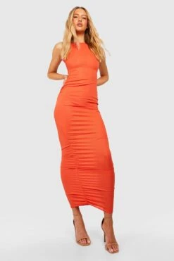 Vestito Longuette Tall A Coste Con Scollo A Vogatore E Ruches Laterali -Negozio al dettaglio Vestiti gzz47284 orange xl 2