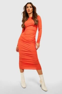 Vestito Midi A Coste Con Maniche Lunghe E Ruches