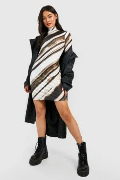 Vestito A Collo Alto Sfumato A Coste Con Polsini Svasati -Negozio al dettaglio Vestiti gzz48031 chocolate xl 2