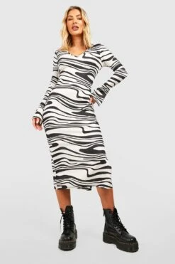 Vestito Midi A Coste Con Stampa, Scollo A V E Spacco Laterale