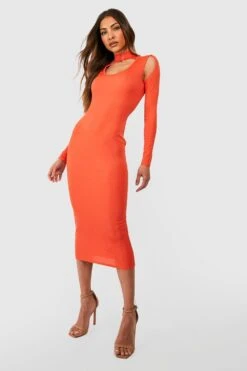 Vestito Midi A Coste A Collo Alto