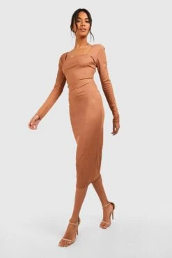 Vestito Longuette A Coste Modellanti Con Scollo Quadrato -Negozio al dettaglio Vestiti gzz48191 camel xl 2