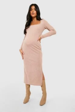 Vestito Longuette Premaman In Maglia Morbida Con Scollo Quadrato -Negozio al dettaglio Vestiti gzz48266 camel xl 2