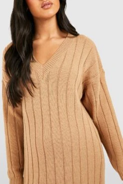 Vestito Midi Premaman In Maglia Comoda Con Scollo A V -Negozio al dettaglio Vestiti gzz48267 camel xl 3