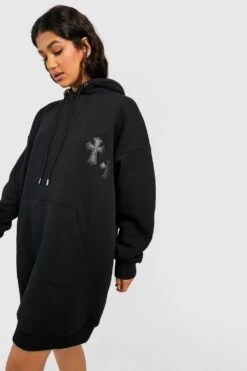 Vestito In Felpa Oversize Con Applique A Croce In PU E Cappuccio -Negozio al dettaglio Vestiti gzz48327 black xl 2