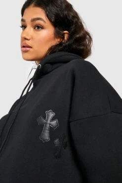 Vestito In Felpa Oversize Con Applique A Croce In PU E Cappuccio -Negozio al dettaglio Vestiti gzz48327 black xl 3