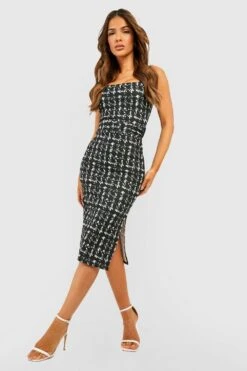 Vestito Midi In Pied-de-poule Astratto Con Scollo Quadrato E Cintura -Negozio al dettaglio Vestiti gzz48672 black xl 2