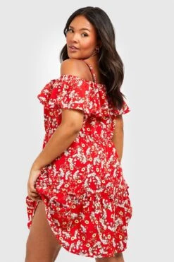 Vestito Skater Plus Size A Fiori Con Spalle Scoperte -Negozio al dettaglio Vestiti pzz01718 red xl 1