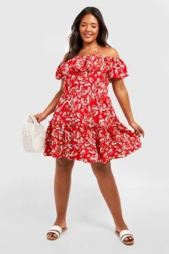 Vestito Skater Plus Size A Fiori Con Spalle Scoperte -Negozio al dettaglio Vestiti pzz01718 red xl 2