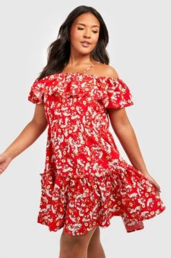 Vestito Skater Plus Size A Fiori Con Spalle Scoperte -Negozio al dettaglio Vestiti pzz01718 red xl 3