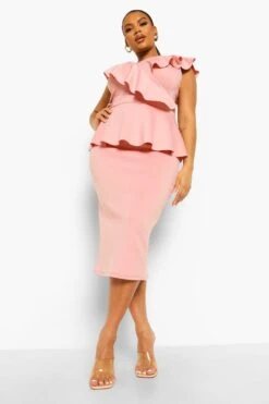 Vestito Midi Plus Size Da Cerimonia Con Arricciature E Volant Sul Fondo