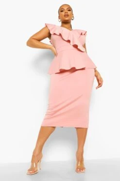 Vestito Midi Plus Size Da Cerimonia Con Arricciature E Volant Sul Fondo -Negozio al dettaglio Vestiti pzz02352 blush xl 2