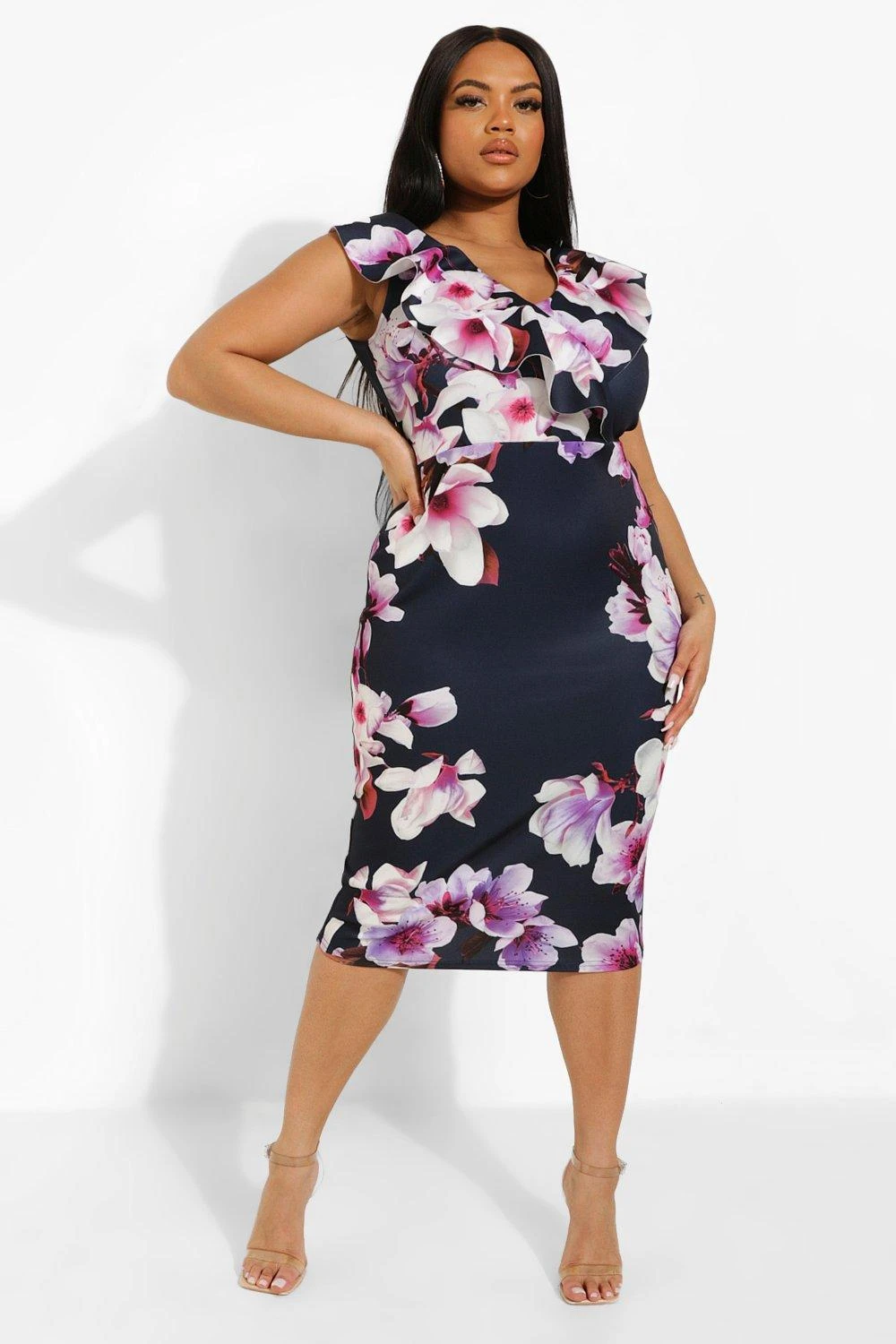 Vestito Midi Plus Size Da Cerimonia A Fiori Con Arricciature 1 Vestito Midi Plus Size Da Cerimonia A Fiori Con Arricciature