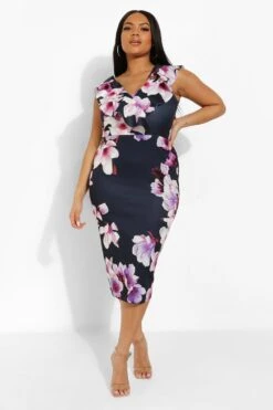Vestito Midi Plus Size Da Cerimonia A Fiori Con Arricciature 6 Vestito Midi Plus Size Da Cerimonia A Fiori Con Arricciature -Negozio al dettaglio Vestiti pzz02539 navy xl 2