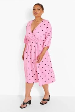 Vestito Midi Plus Size A Incrocio A Pois -Negozio al dettaglio Vestiti pzz02802 pink xl 2