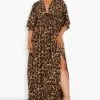 Vestito Maxi Plus Size Leopardato Con Maniche Ad Ala Di Pipistrello