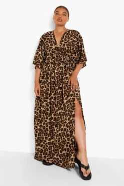 Vestito Maxi Plus Size Leopardato Con Maniche Ad Ala Di Pipistrello
