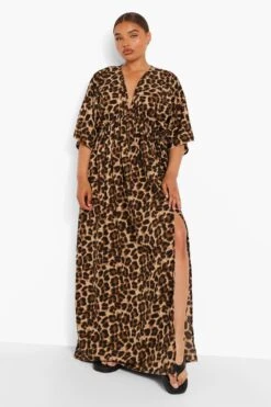 Vestito Maxi Plus Size Leopardato Con Maniche Ad Ala Di Pipistrello -Negozio al dettaglio Vestiti pzz03179 leopard xl 2