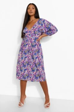 Vestito Midi Plus Size In Tessuto A Fiori Con Maniche A Sbuffo