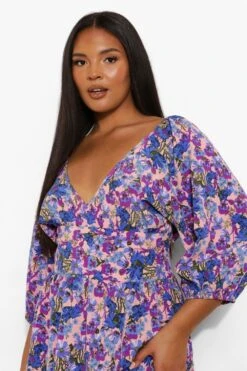 Vestito Midi Plus Size In Tessuto A Fiori Con Maniche A Sbuffo -Negozio al dettaglio Vestiti pzz05383 blue xl 3