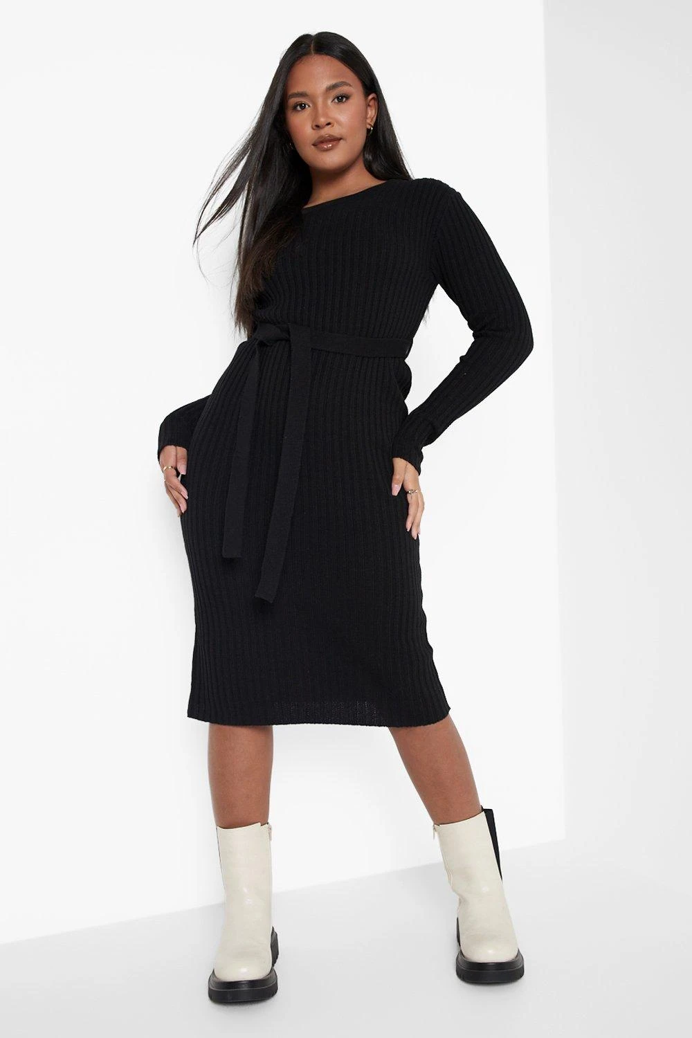 Vestito Plus Size In Maglia A Coste Con Cintura 1 Vestito Plus Size In Maglia A Coste Con Cintura