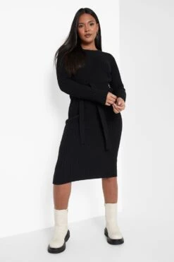 Vestito Plus Size In Maglia A Coste Con Cintura 7 Vestito Plus Size In Maglia A Coste Con Cintura -Negozio al dettaglio Vestiti pzz05612 black xl 3