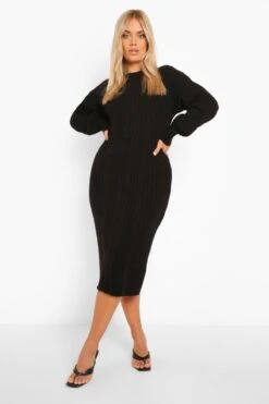 Vestito Midi Plus Size In Maglia Intrecciata Con Maniche A Palloncino -Negozio al dettaglio Vestiti pzz05892 black xl 2
