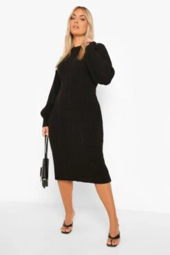 Vestito Midi Plus Size In Maglia Intrecciata Con Maniche A Palloncino -Negozio al dettaglio Vestiti pzz05892 black xl 3