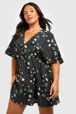 Vestito Skater Plus Size A Incrocio A Fiori Misti