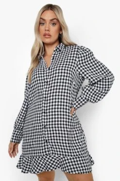 Vestito Camicia Plus Size A Quadri Pied-de-poule Con Volant Sul Fondo