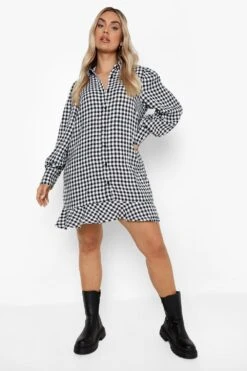 Vestito Camicia Plus Size A Quadri Pied-de-poule Con Volant Sul Fondo -Negozio al dettaglio Vestiti pzz08023 black xl 2