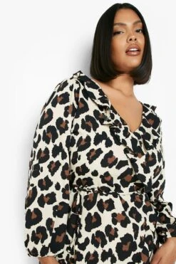 Vestito Plus Size A Maniche Lunghe A Incrocio Con Volant Intessuti -Negozio al dettaglio Vestiti pzz08339 brown xl 3