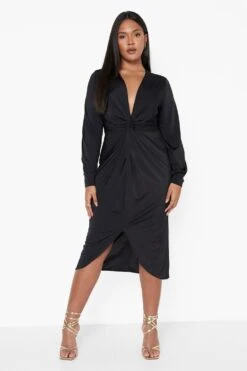 Vestito Midi Plus Size Con Dettagli Attorcigliati E Scollo Profondo -Negozio al dettaglio Vestiti pzz08376 black xl 2