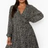 Vestito Plus Size A Incrocio A Maniche Lunghe Con Fantasia Animalier