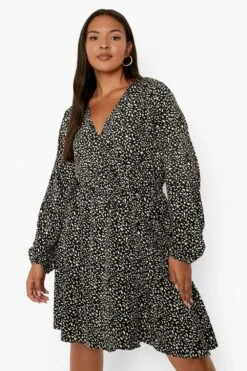 Vestito Plus Size A Incrocio A Maniche Lunghe Con Fantasia Animalier 7 Vestito Plus Size A Incrocio A Maniche Lunghe Con Fantasia Animalier -Negozio al dettaglio Vestiti pzz08410 black xl 3