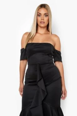 Vestito Midi Plus Size In Tessuto Scuba A Spina Di Pesce Con Scollo Bardot -Negozio al dettaglio Vestiti pzz08796 black xl 3