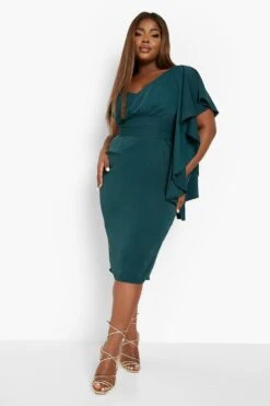 Vestito Midi Plus Size In Raso Con Maniche Arricciate