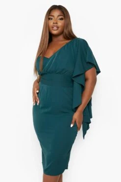 Vestito Midi Plus Size In Raso Con Maniche Arricciate -Negozio al dettaglio Vestiti pzz08890 emerald xl 2