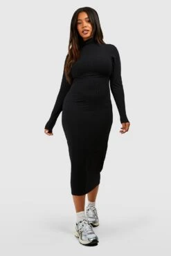 Vestito Midi Con Collo Alto Plus Size A Coste Morbide