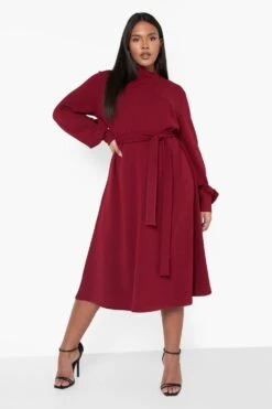 Vestito Midi Plus Size A Collo Alto Con Maniche A Campana -Negozio al dettaglio Vestiti pzz09560 berry xl 2