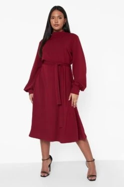 Vestito Midi Plus Size A Collo Alto Con Maniche A Campana -Negozio al dettaglio Vestiti pzz09560 berry xl 3