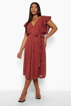 Vestito Skater Midi Plus Size In Pizzo Con Maniche Arricciate -Negozio al dettaglio Vestiti pzz09665 berry xl 2