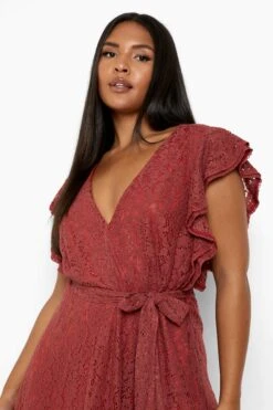 Vestito Skater Midi Plus Size In Pizzo Con Maniche Arricciate -Negozio al dettaglio Vestiti pzz09665 berry xl 3