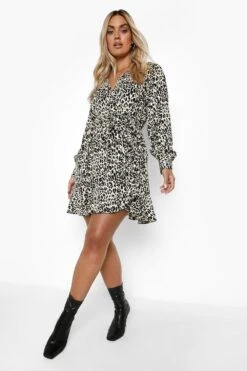 Vestito Skater Plus Size Leopardato A Incrocio Con Arricciature