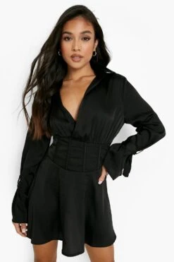 Vestito Skater Petite A Corsetto In Raso Con Laccetti Sui Polsini -Negozio al dettaglio Vestiti pzz09839 black xl 3