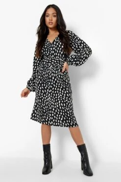 Vestito Midi Petite Increspato In Vita Con Stampa A Macchie