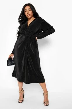 Vestito Midi Plus Size Plissettato Con Dettagli Attorcigliati -Negozio al dettaglio Vestiti pzz09926 black xl 2